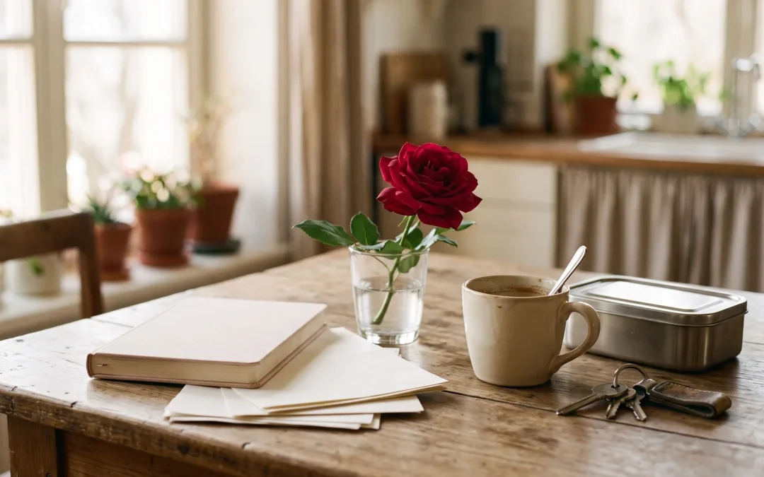 Küchentisch am Morgen mit kalt gewordenem Kaffee, Schlüsselbund, Brotdose und einer Rose im Wasserglas