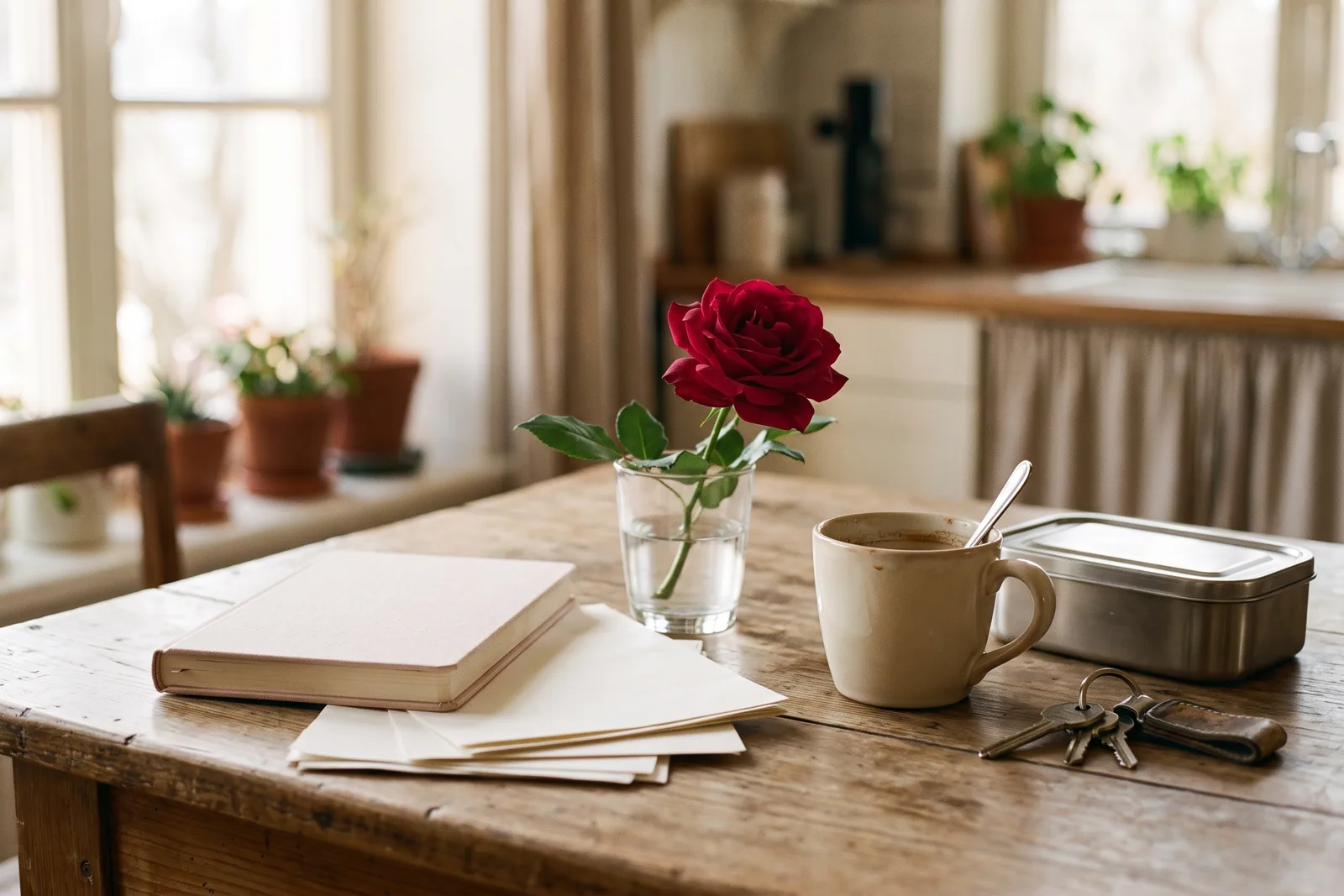 Küchentisch am Morgen mit kalt gewordenem Kaffee, Schlüsselbund, Brotdose und einer Rose im Wasserglas