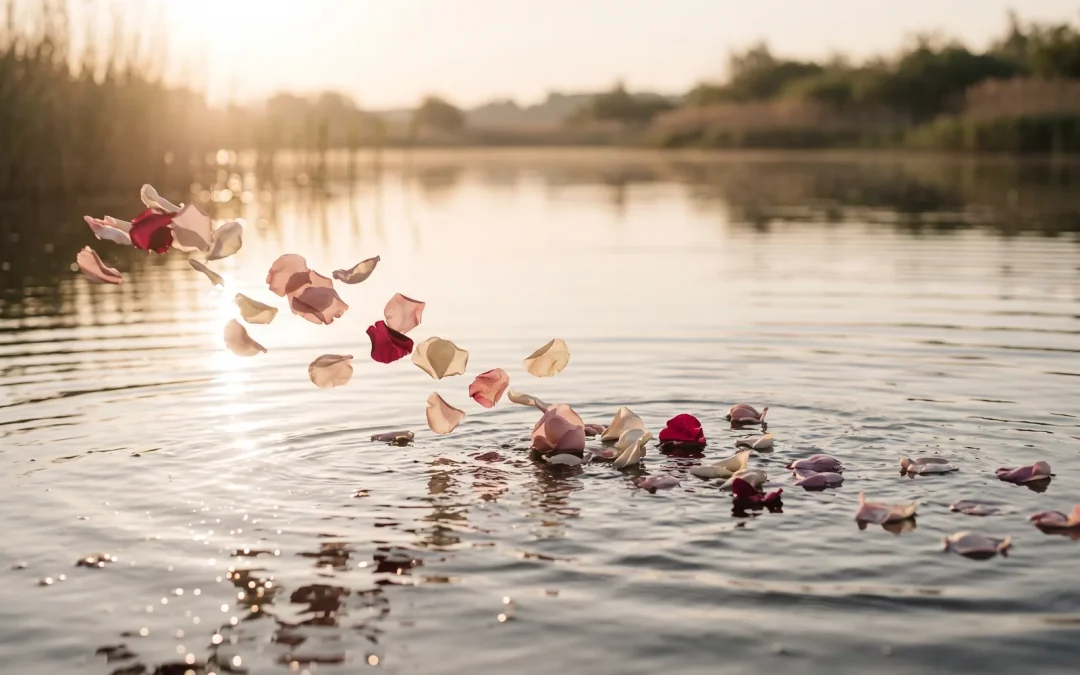 Rosenblätter treiben im Gegenlicht über eine ruhige Wasseroberfläche