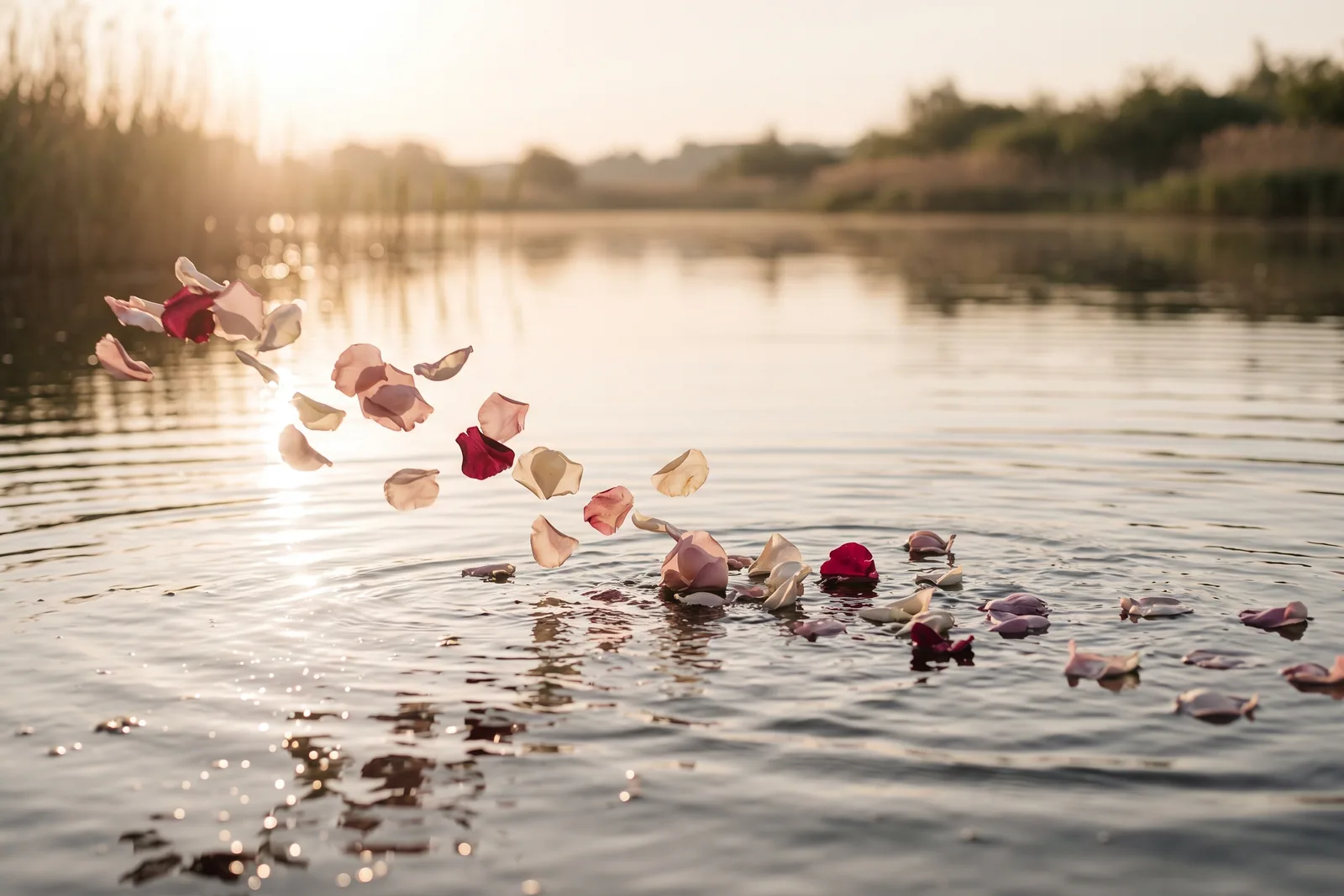 Rosenblätter treiben im Gegenlicht über eine ruhige Wasseroberfläche