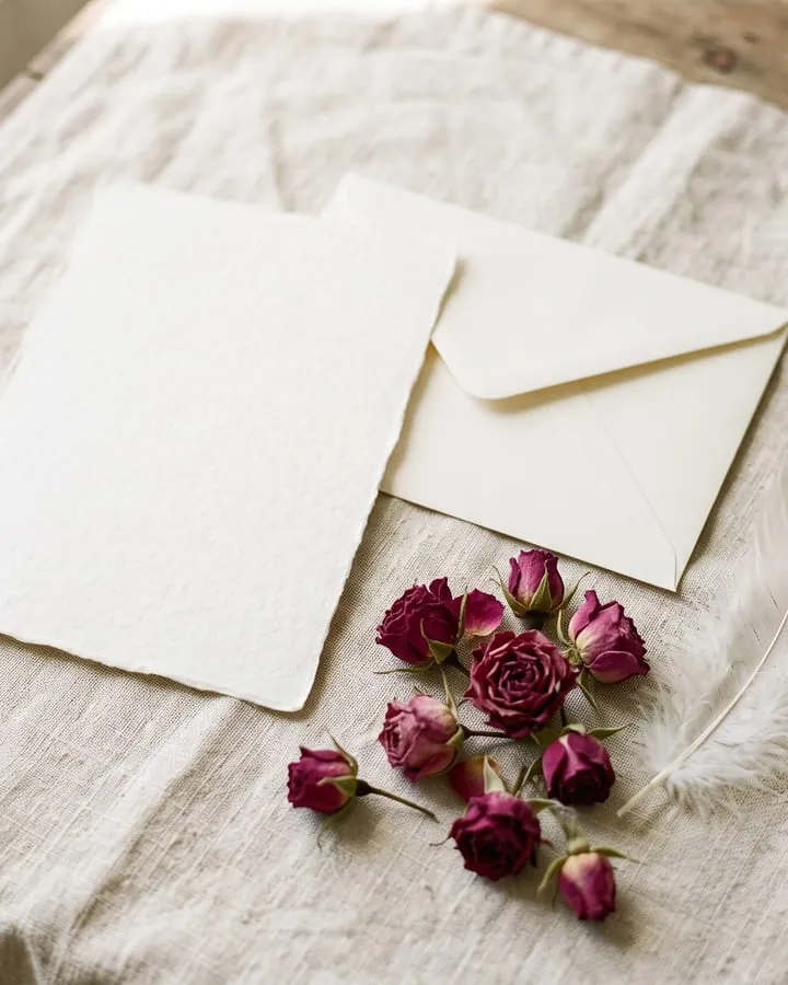 Unbeschriebenes Briefpapier, ein Umschlag und getrocknete Rosenblüten auf Leinen