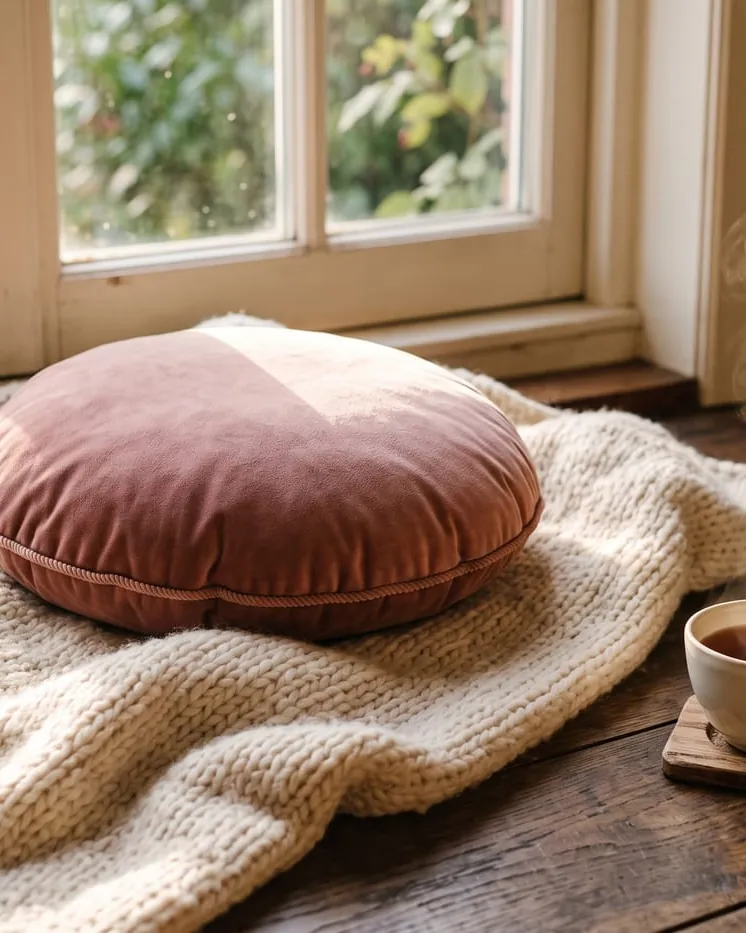 Wolldecke, rundes Kissen und eine dampfende Tasse Tee auf dem Holzboden im Nachmittagslicht