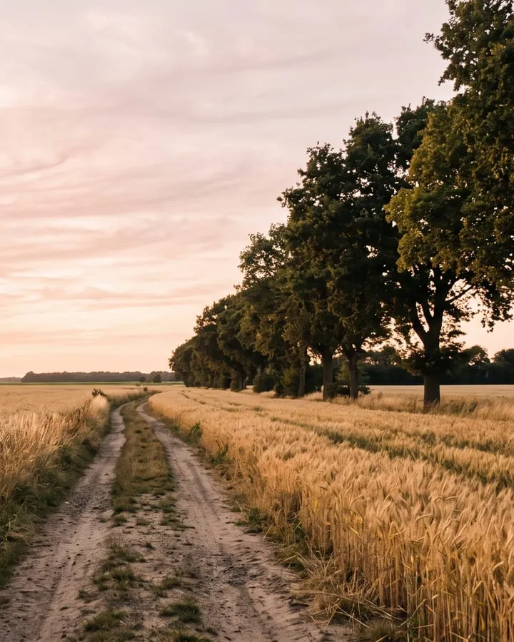 Feldweg zwischen goldenen Feldern in der Abendsonne