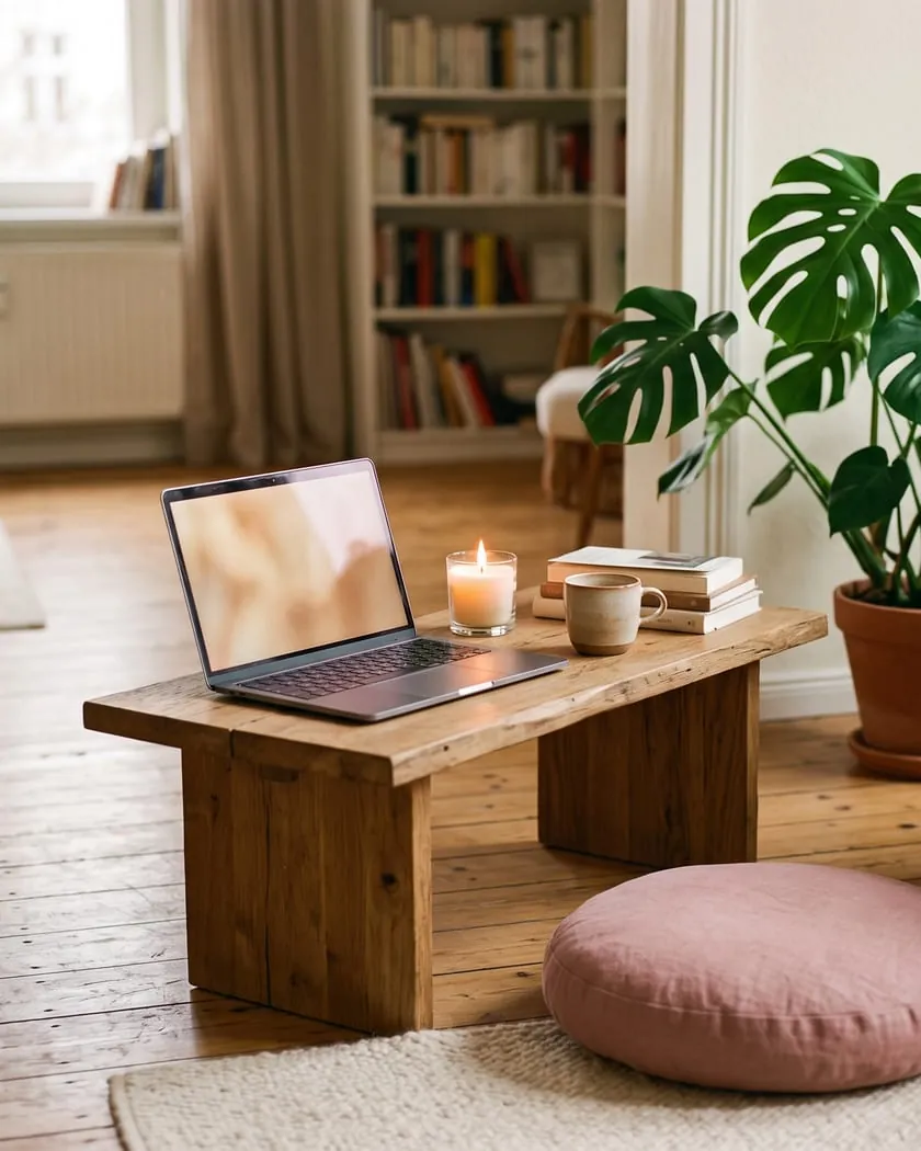 Wohnzimmerecke mit aufgeklapptem Laptop auf einem niedrigen Holztisch, Kerze, Sitzkissen und Wolldecke